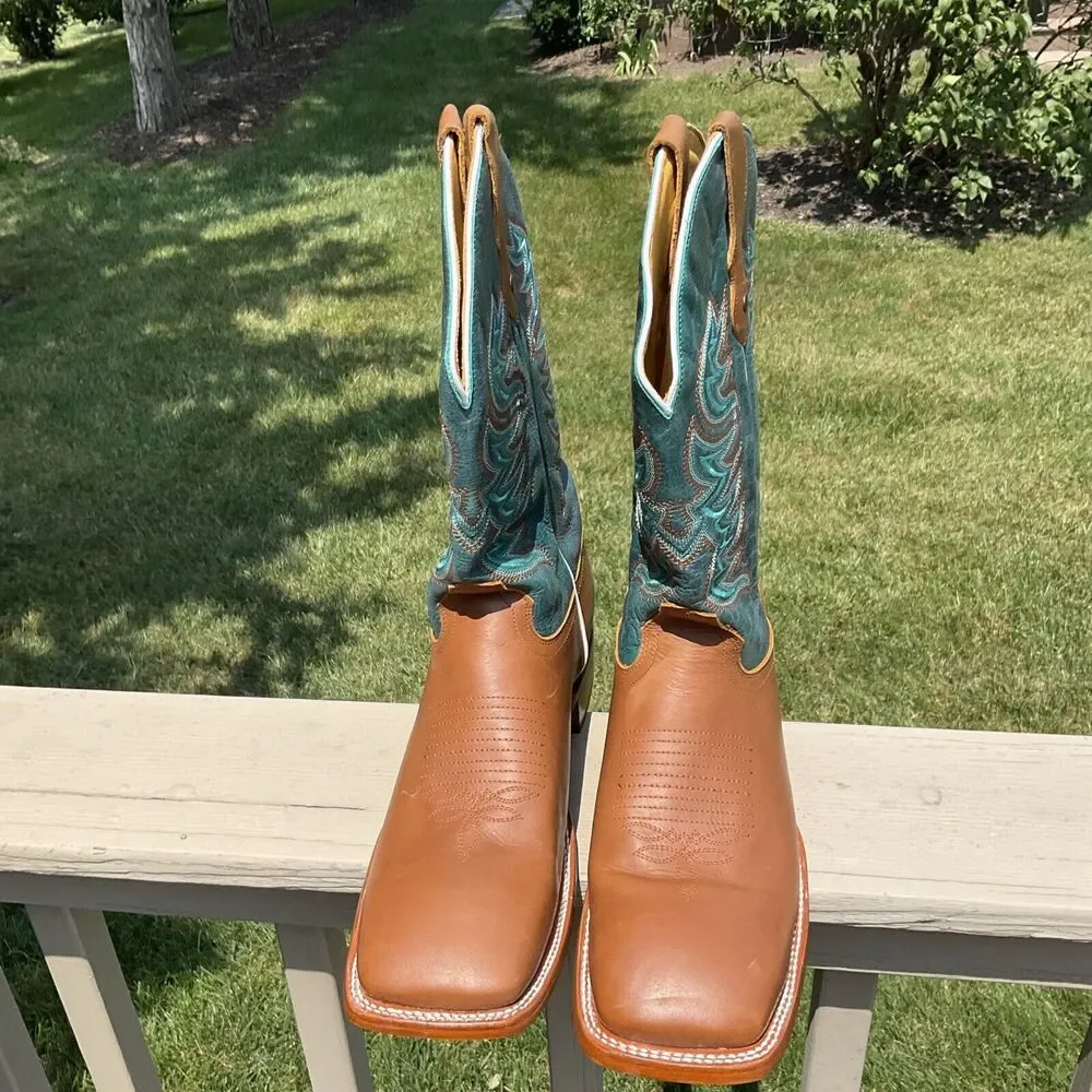 Alfa Western Wear Men's Cowboy Boots Square Toe Blue Green Leather Sz 12‎ Mexico